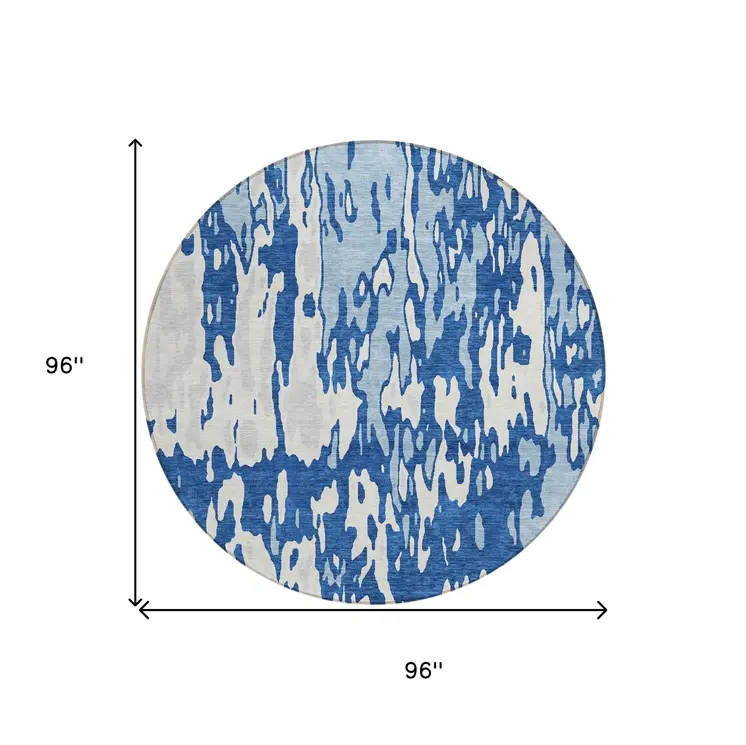 8' Navy Blue And Ivory Round Abstract Washable Indoor Outdoor Area Rug