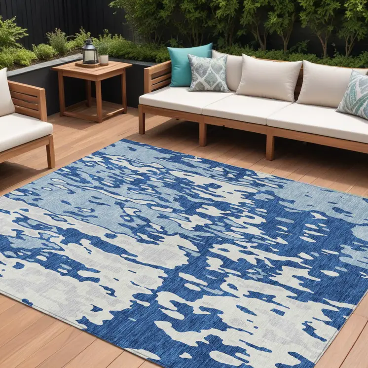 8' X 10' Navy Blue And Ivory Abstract Washable Indoor Outdoor Area Rug