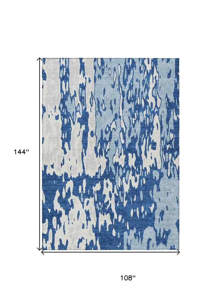 9' X 12' Navy Blue And Ivory Abstract Washable Indoor Outdoor Area Rug