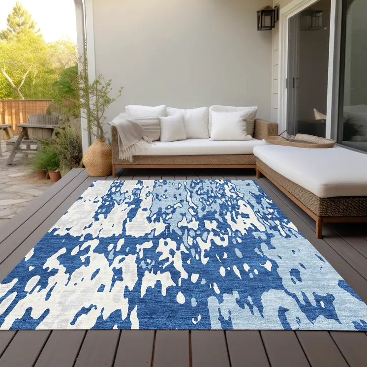 10' X 14' Navy Blue And Ivory Abstract Washable Indoor Outdoor Area Rug