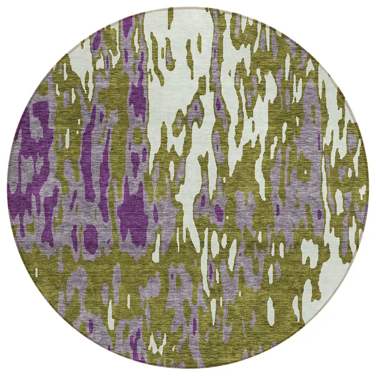 8' Olive Green And Purple Round Abstract Washable Indoor Outdoor Area Rug