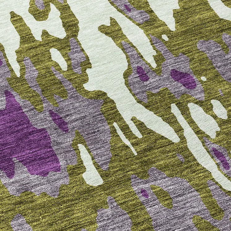 8' Olive Green And Purple Round Abstract Washable Indoor Outdoor Area Rug