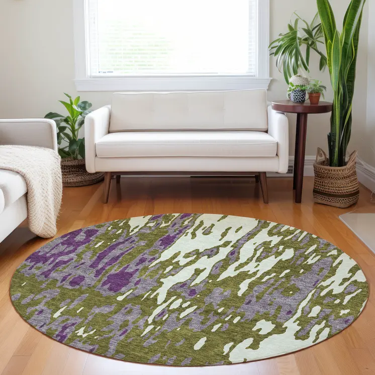 8' Olive Green And Purple Round Abstract Washable Indoor Outdoor Area Rug