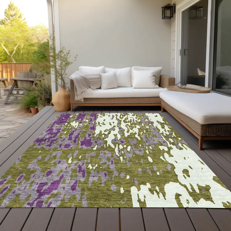 8' X 10' Olive Green And Purple Abstract Washable Indoor Outdoor Area Rug