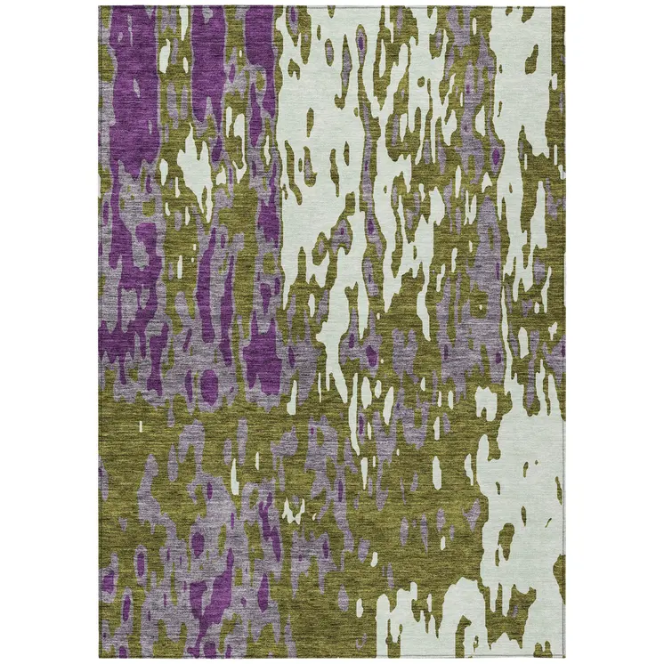 8' X 10' Olive Green And Purple Abstract Washable Indoor Outdoor Area Rug