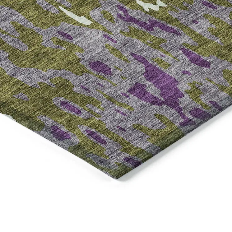 8' X 10' Olive Green And Purple Abstract Washable Indoor Outdoor Area Rug