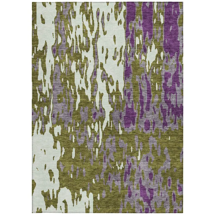 8' X 10' Olive Green And Purple Abstract Washable Indoor Outdoor Area Rug