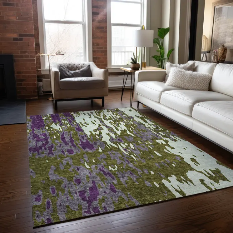 8' X 10' Olive Green And Purple Abstract Washable Indoor Outdoor Area Rug