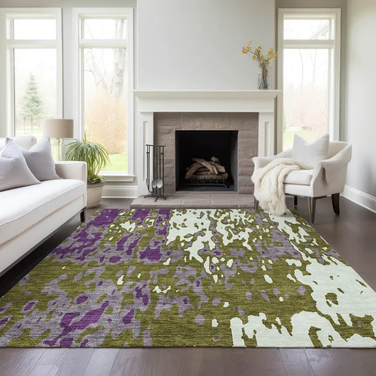 8' X 10' Olive Green And Purple Abstract Washable Indoor Outdoor Area Rug