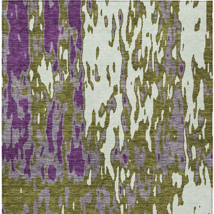 10' X 14' Olive Green And Purple Abstract Washable Indoor Outdoor Area Rug