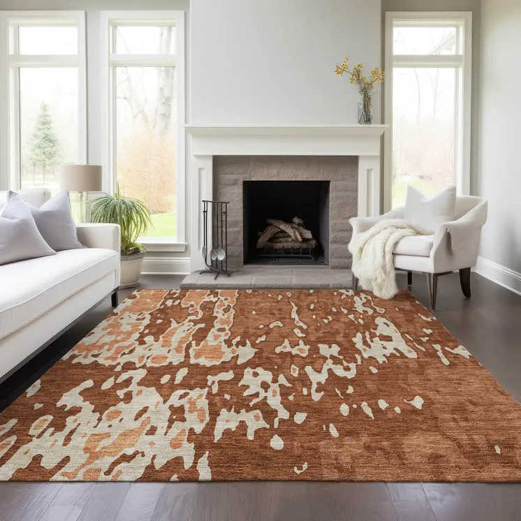 3' X 5' Orange And Ivory Abstract Washable Indoor Outdoor Area Rug