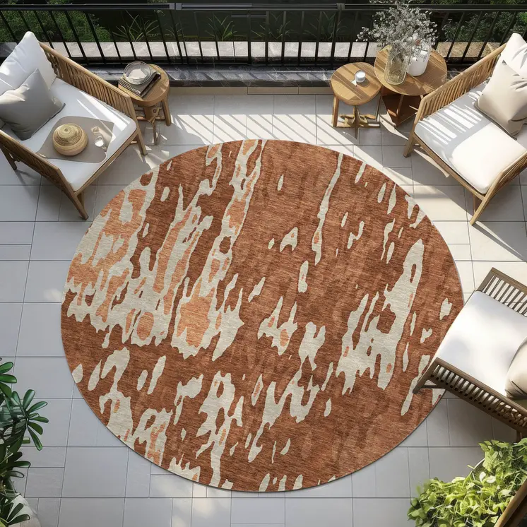 8' Orange And Ivory Round Abstract Washable Indoor Outdoor Area Rug