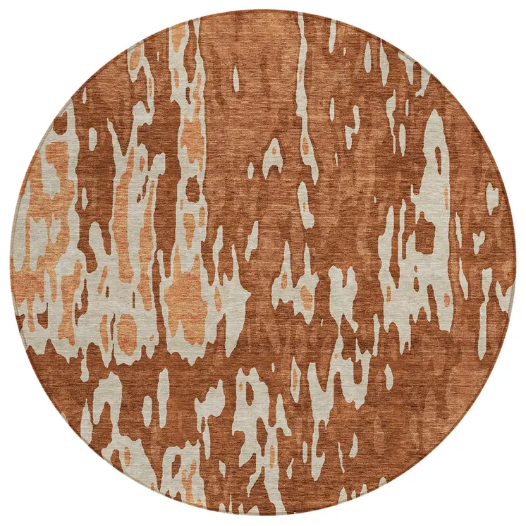 8' Orange And Ivory Round Abstract Washable Indoor Outdoor Area Rug