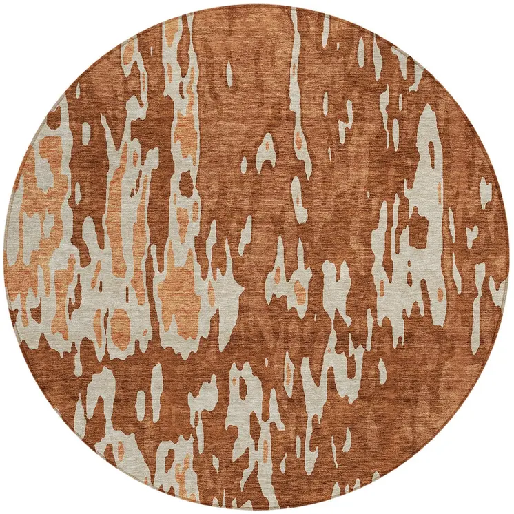 8' Orange And Ivory Round Abstract Washable Indoor Outdoor Area Rug