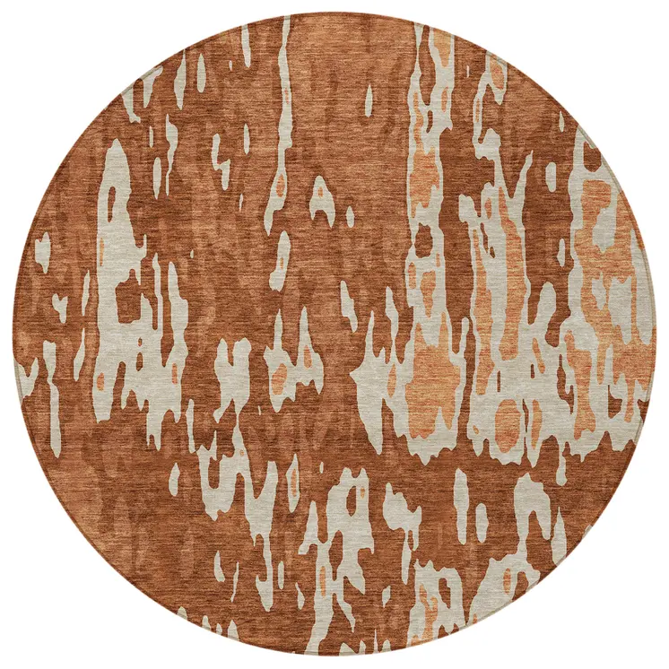 8' Orange And Ivory Round Abstract Washable Indoor Outdoor Area Rug