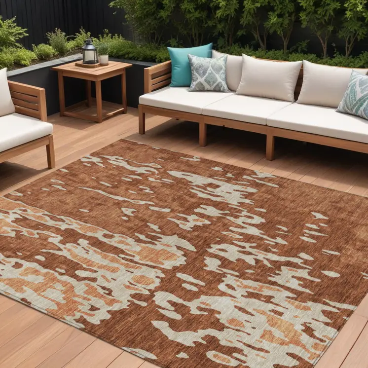 8' X 10' Orange And Ivory Abstract Washable Indoor Outdoor Area Rug