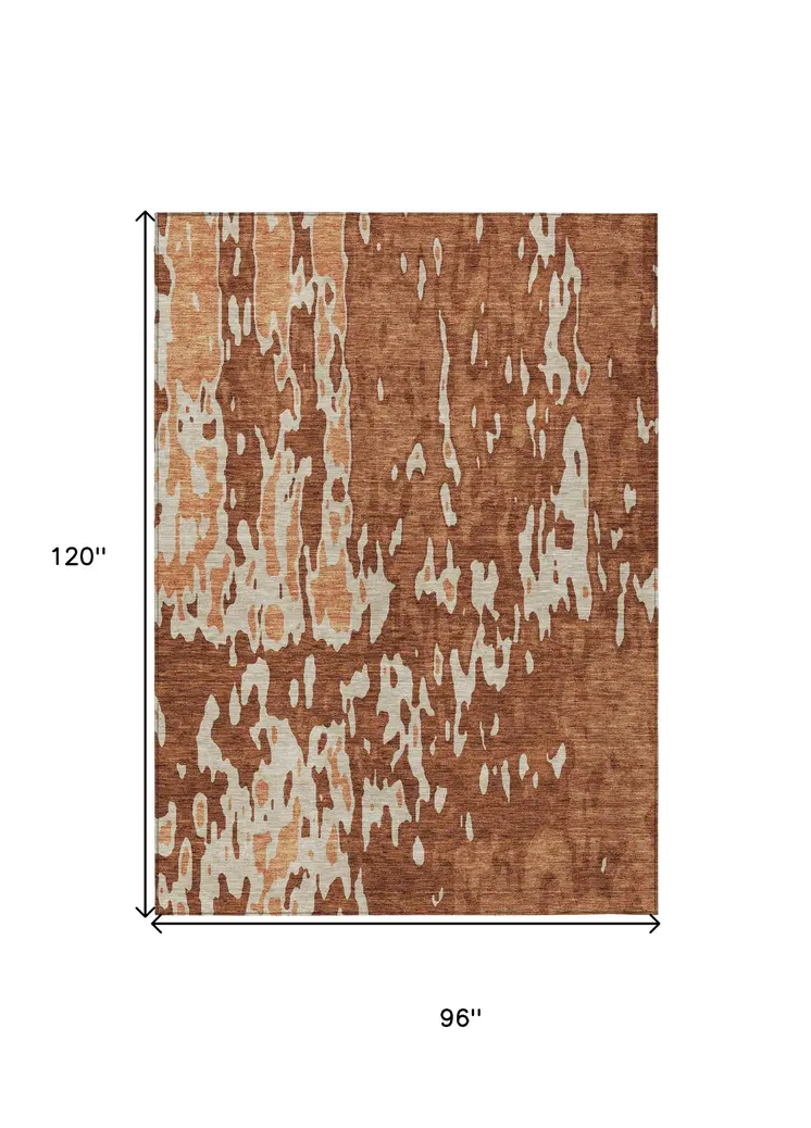 8' X 10' Orange And Ivory Abstract Washable Indoor Outdoor Area Rug