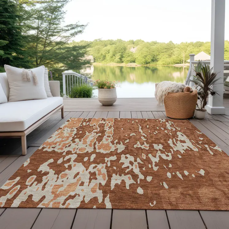8' X 10' Orange And Ivory Abstract Washable Indoor Outdoor Area Rug