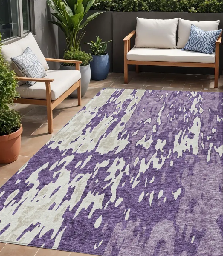 5' X 8' Purple And Ivory Abstract Washable Indoor Outdoor Area Rug