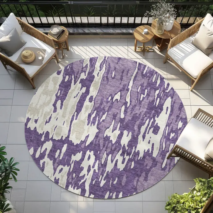 8' Purple And Ivory Round Abstract Washable Indoor Outdoor Area Rug