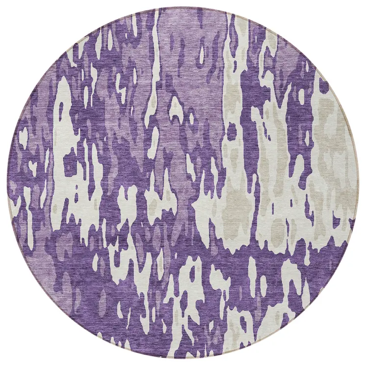 8' Purple And Ivory Round Abstract Washable Indoor Outdoor Area Rug