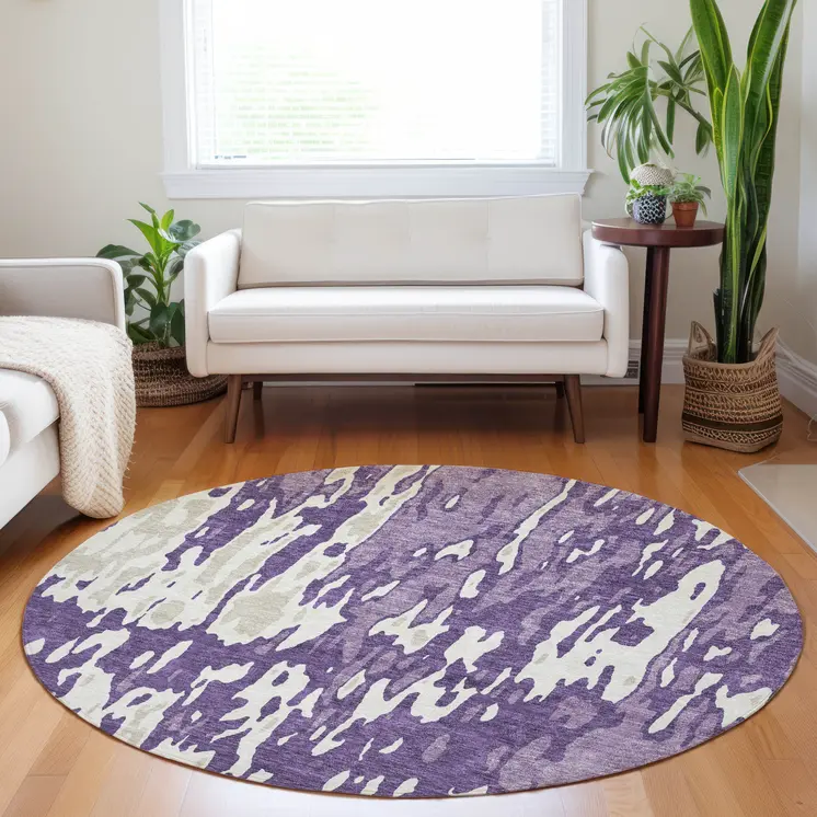 8' Purple And Ivory Round Abstract Washable Indoor Outdoor Area Rug
