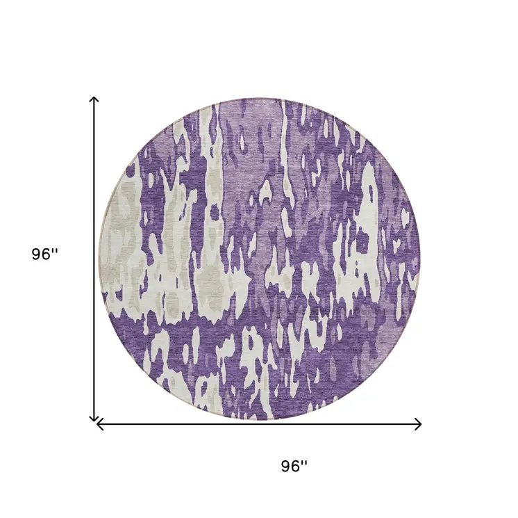 8' Purple And Ivory Round Abstract Washable Indoor Outdoor Area Rug