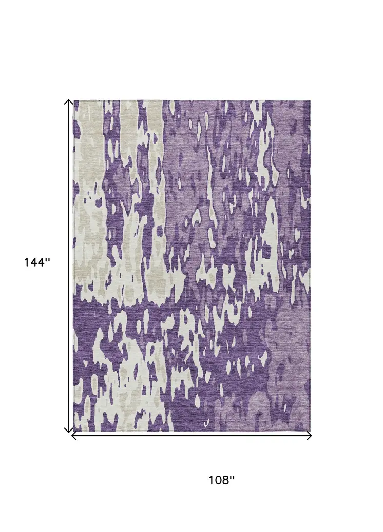 9' X 12' Purple And Ivory Abstract Washable Indoor Outdoor Area Rug