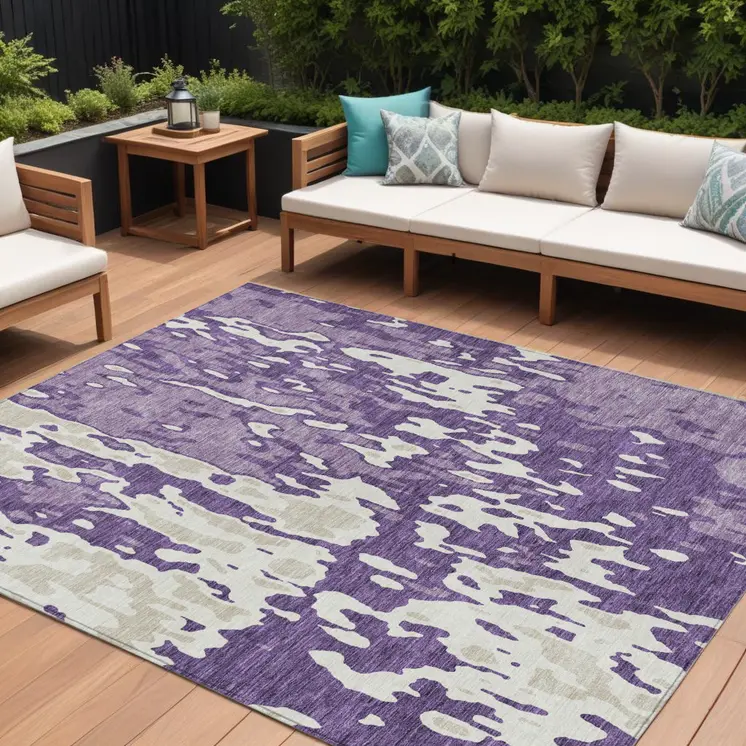 10' X 14' Purple And Ivory Abstract Washable Indoor Outdoor Area Rug