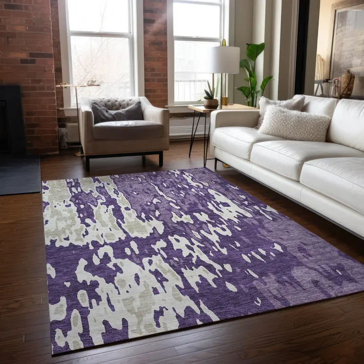 10' X 14' Purple And Ivory Abstract Washable Indoor Outdoor Area Rug