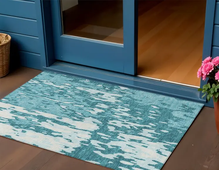 3' X 5' Teal Blue And Ivory Abstract Washable Indoor Outdoor Area Rug