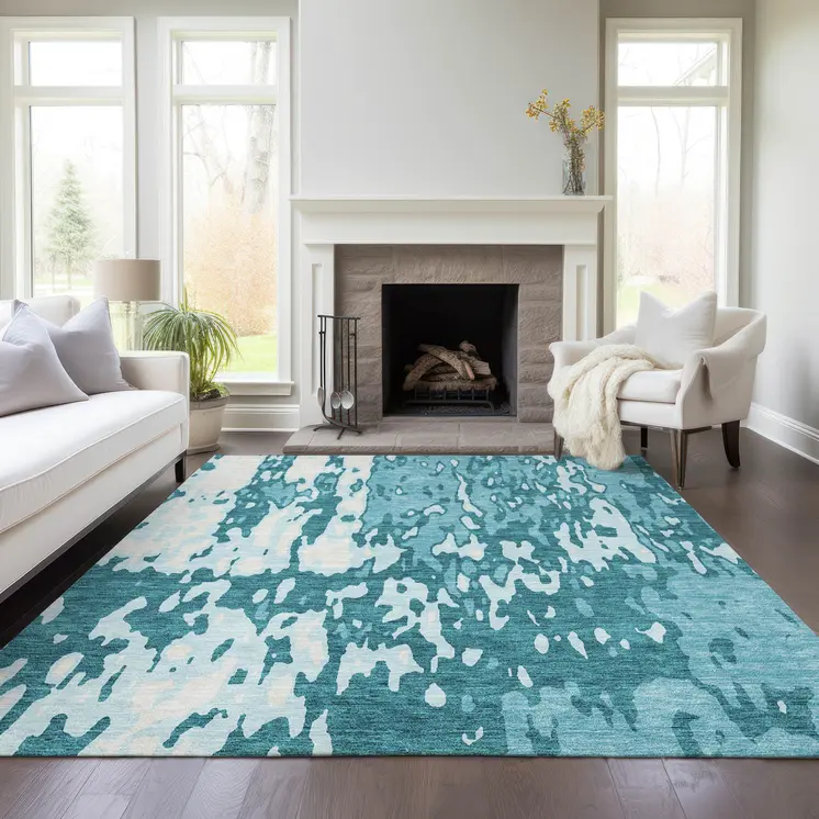 3' X 5' Teal Blue And Ivory Abstract Washable Indoor Outdoor Area Rug