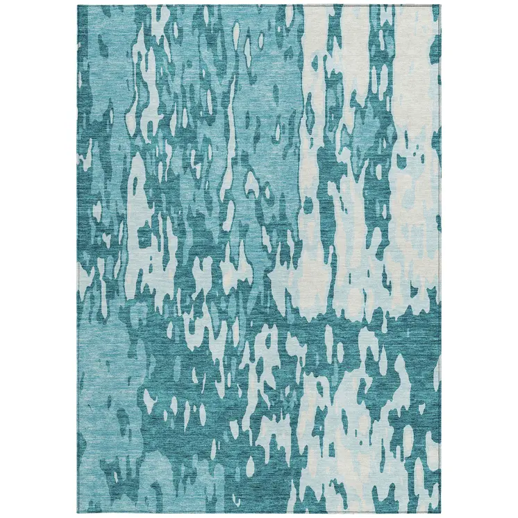 5' X 8' Teal Blue And Ivory Abstract Washable Indoor Outdoor Area Rug