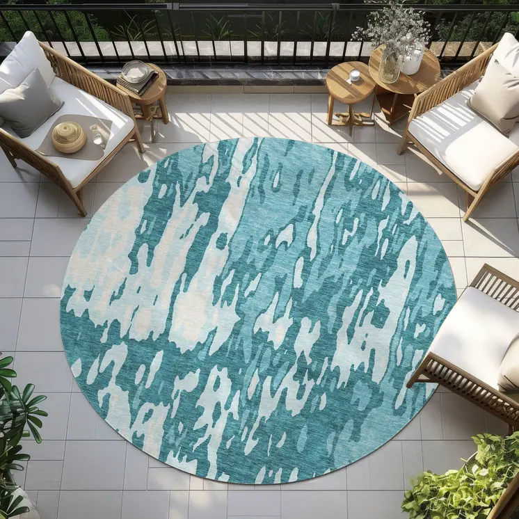 8' Teal Blue And Ivory Round Abstract Washable Indoor Outdoor Area Rug