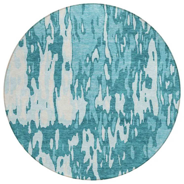8' Teal Blue And Ivory Round Abstract Washable Indoor Outdoor Area Rug
