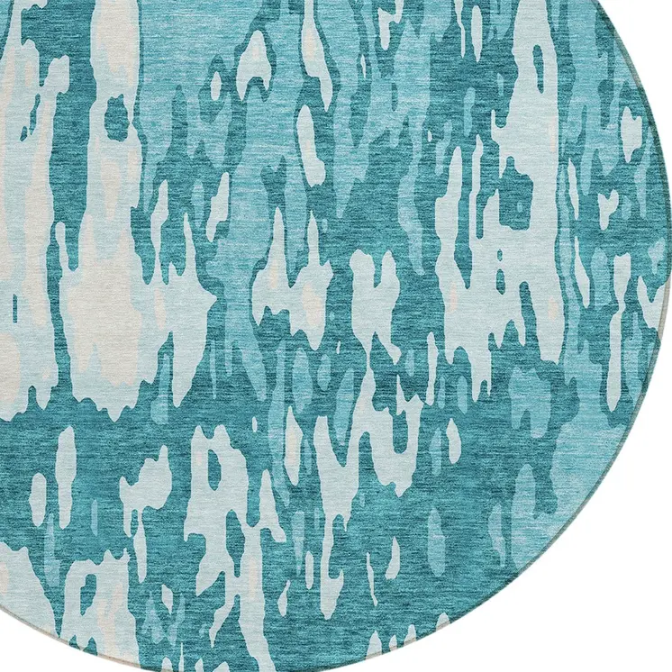 8' Teal Blue And Ivory Round Abstract Washable Indoor Outdoor Area Rug