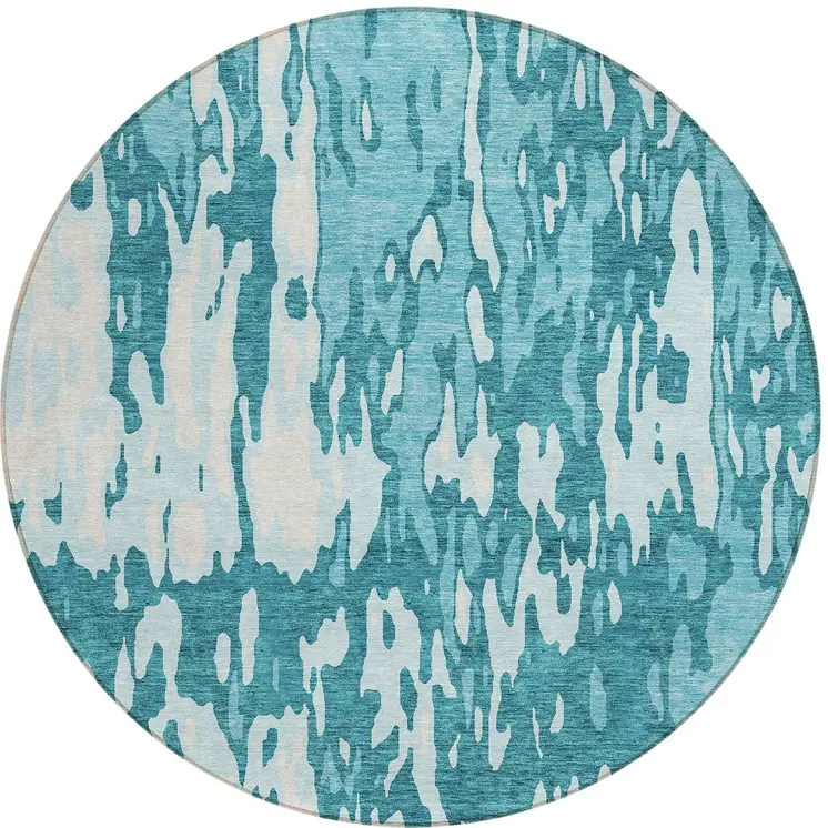 8' Teal Blue And Ivory Round Abstract Washable Indoor Outdoor Area Rug
