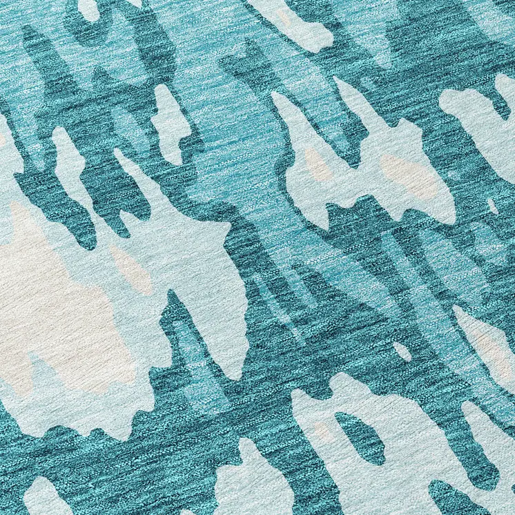 8' Teal Blue And Ivory Round Abstract Washable Indoor Outdoor Area Rug