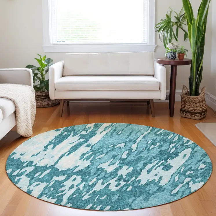 8' Teal Blue And Ivory Round Abstract Washable Indoor Outdoor Area Rug