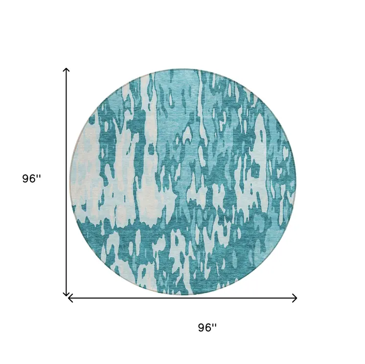 8' Teal Blue And Ivory Round Abstract Washable Indoor Outdoor Area Rug