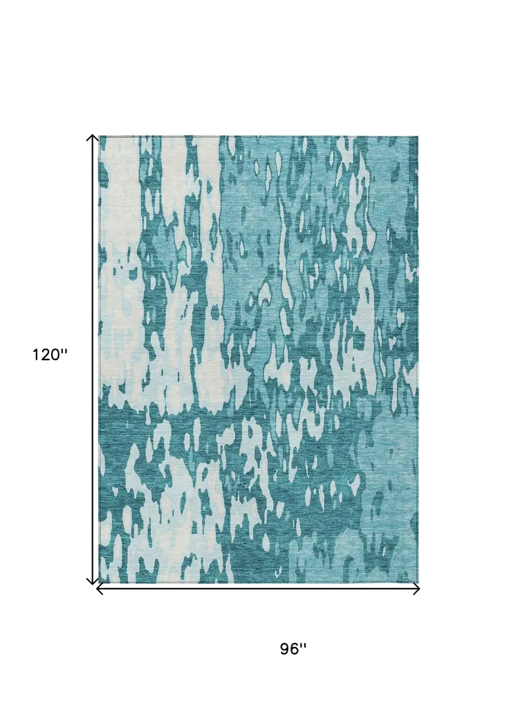 8' X 10' Teal Blue And Ivory Abstract Washable Indoor Outdoor Area Rug