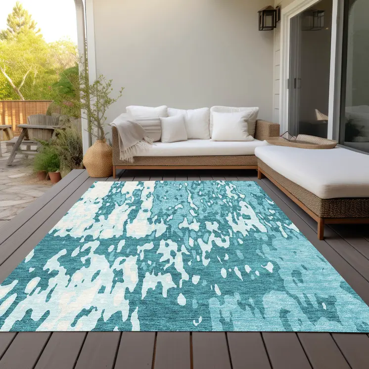 8' X 10' Teal Blue And Ivory Abstract Washable Indoor Outdoor Area Rug