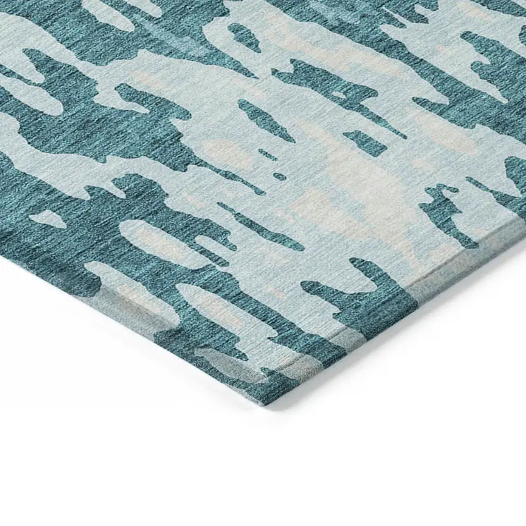 10' X 14' Teal Blue And Ivory Abstract Washable Indoor Outdoor Area Rug