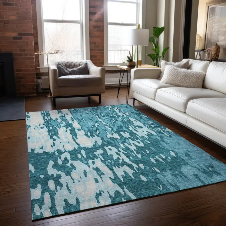 10' X 14' Teal Blue And Ivory Abstract Washable Indoor Outdoor Area Rug
