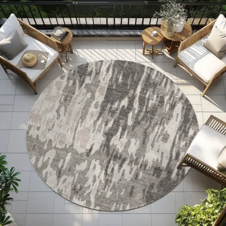 8' Taupe And Ivory Round Abstract Washable Indoor Outdoor Area Rug