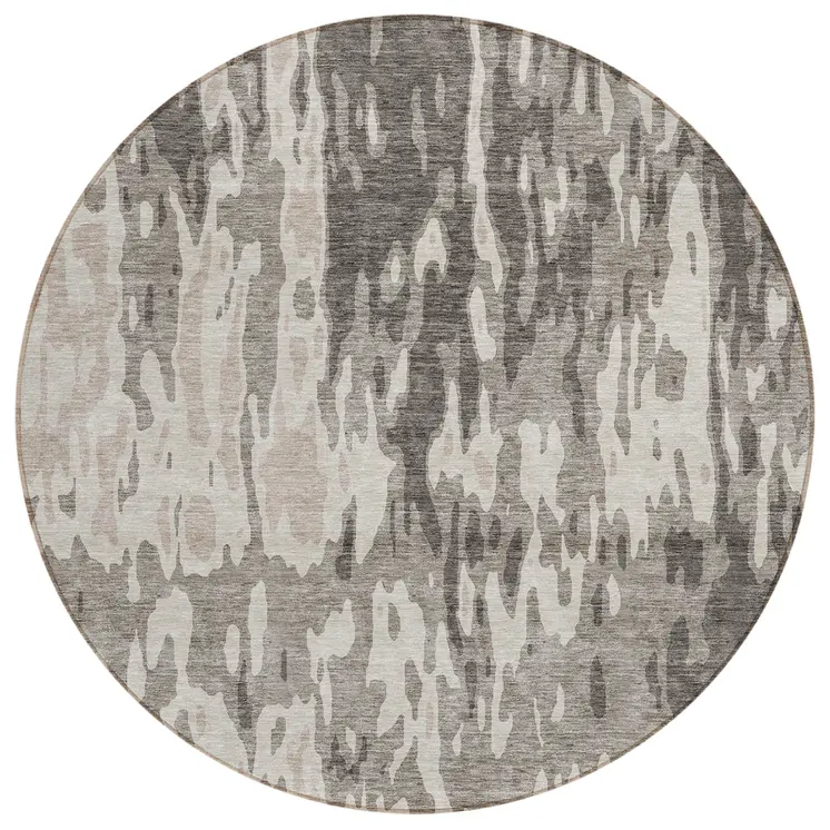 8' Taupe And Ivory Round Abstract Washable Indoor Outdoor Area Rug