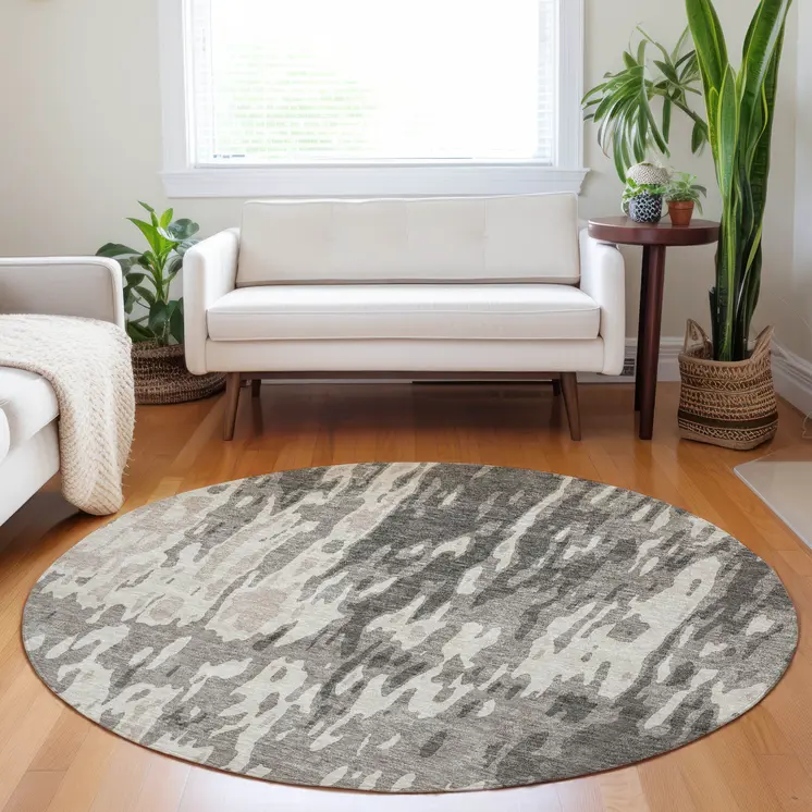 8' Taupe And Ivory Round Abstract Washable Indoor Outdoor Area Rug