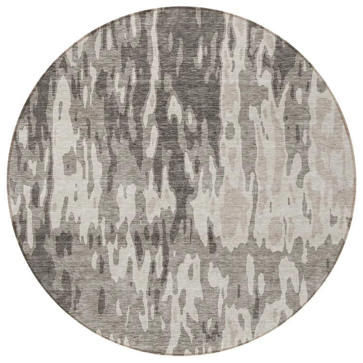 8' Taupe And Ivory Round Abstract Washable Indoor Outdoor Area Rug