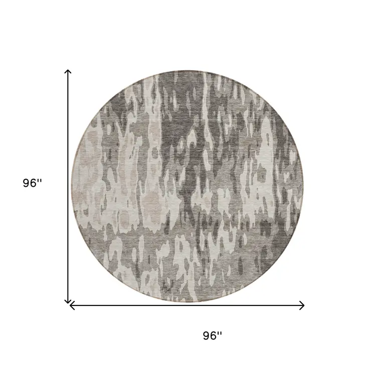 8' Taupe And Ivory Round Abstract Washable Indoor Outdoor Area Rug