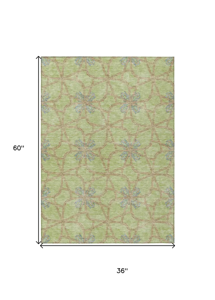 3' X 5' Sage And Blue Geometric Washable Indoor Outdoor Area Rug